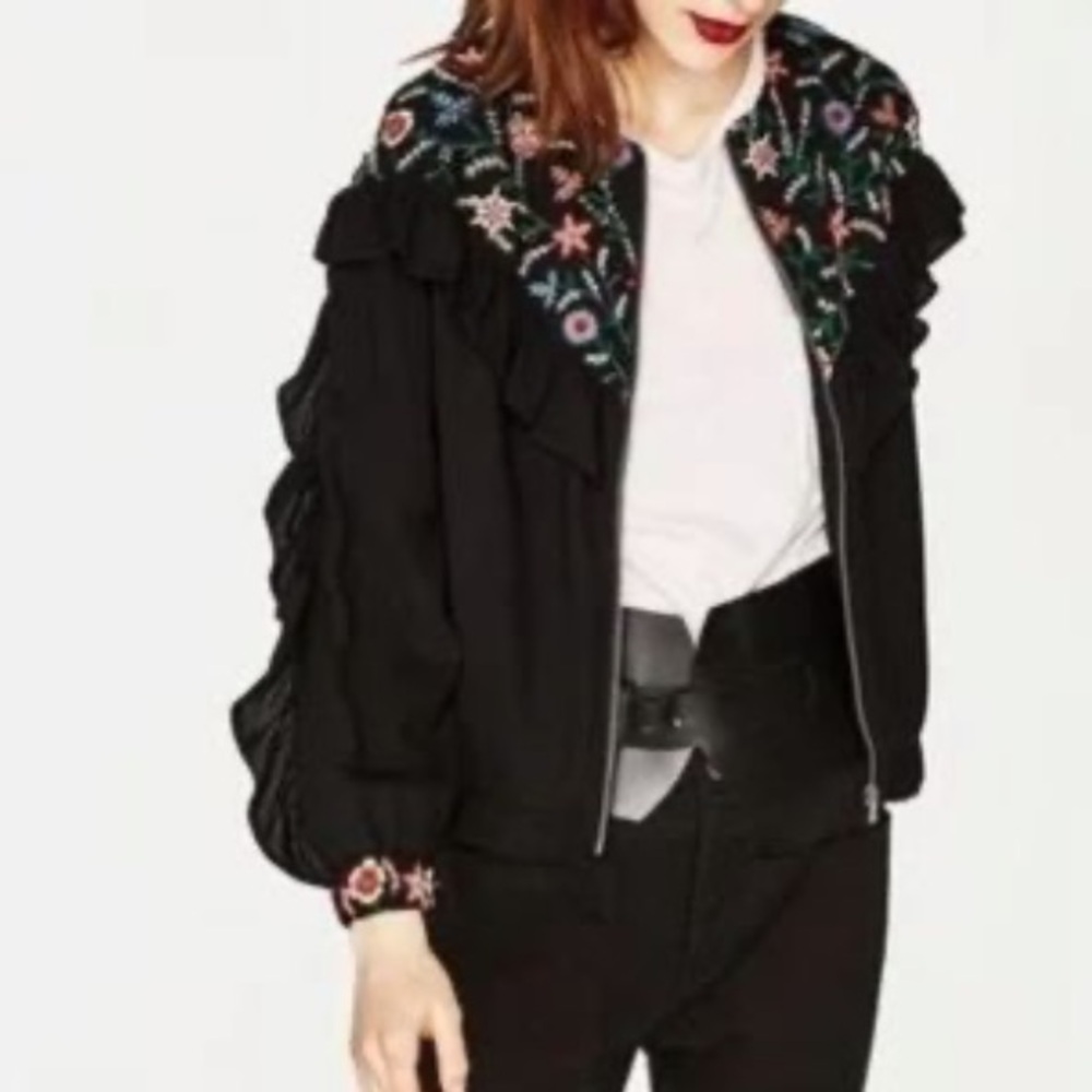 ZARA TRAFALUC Floral Embroidered Frill Black Jacket ~ Like New - Picture 3 of 12